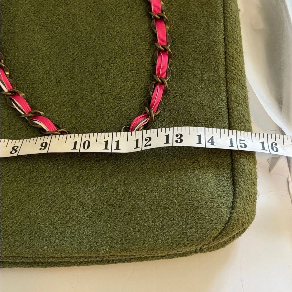 GOLDIE BRAND OLIVE/MOSS GREEN WOOL BAG PINK RIBBON THROUGHOUT BRASS HANDLE